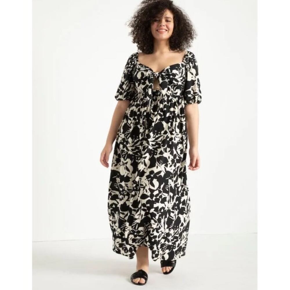 NWT Eloquii Tie Front Maxi Dress in Cut Out and Keep Black Cream Floral Print 16